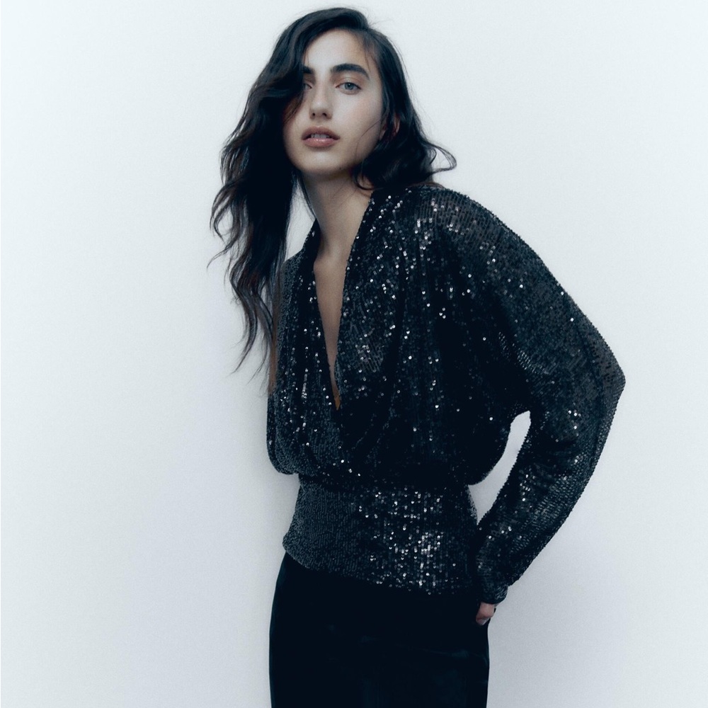 NWT Zara Draped Black Sequin Blouse - Picture 7 of 13